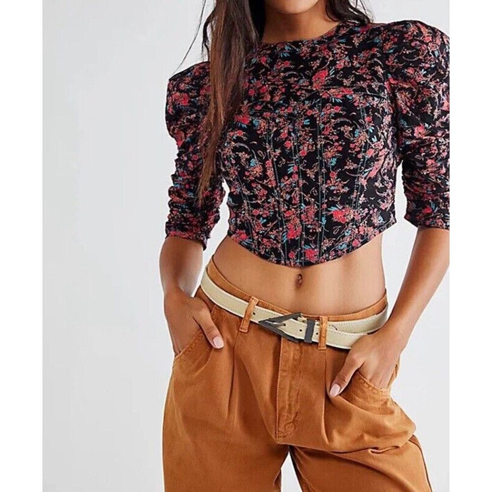 Free People Monica Women's Cropped Top Floral Print Corset Open Back - Size XS